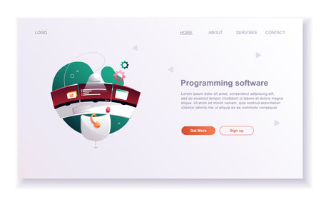 Programming concepts, coder workplace, vector illustration. Web site landing page template.のイラスト素材