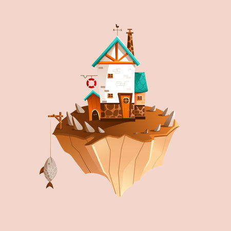 Cute cartoon house on the island. Vector illustration in flat styleのイラスト素材