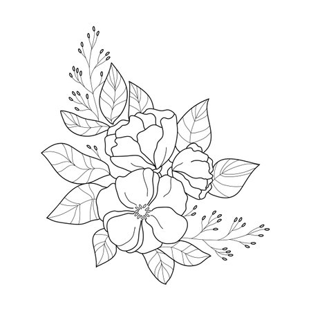Beautiful monochrome hand drawn rose with leaves. vector illustration.のイラスト素材