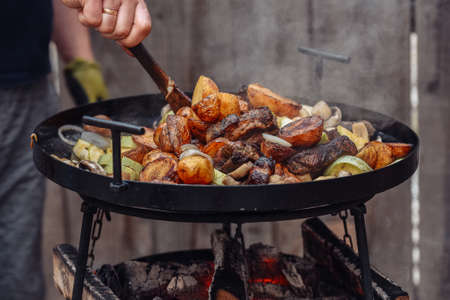 grilled meat and potato, grill plate cook meat on a fire, firewood on a plate grill fire and...