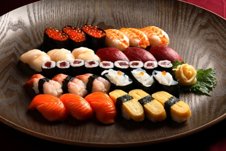 Set of sushi and rolls with a salmon の写真素材