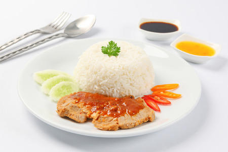 Steamed Rice with Roasted Pork Sauce Thai Foodの写真素材