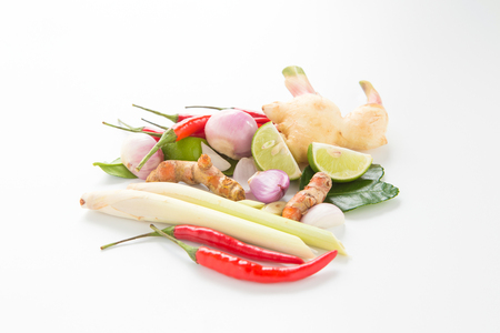 Spicy Thai food ingredients on white Backgroundの写真素材