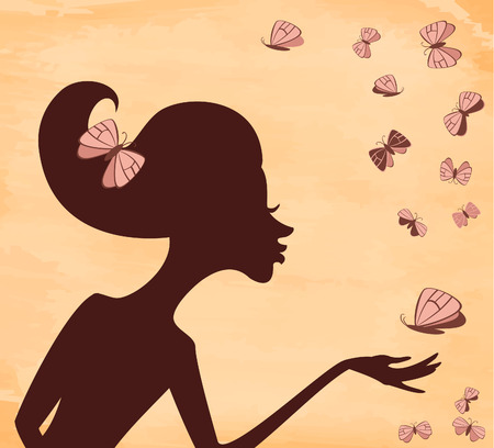 Silhouette of a girl with a butterfly on the background grungeのイラスト素材