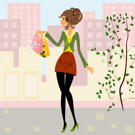 girl with shoppingのイラスト素材