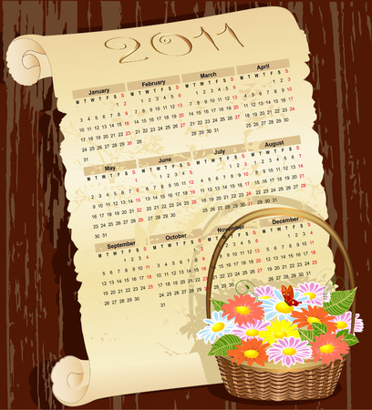 Calendar for 2011 grunge with a basket of flowersのイラスト素材