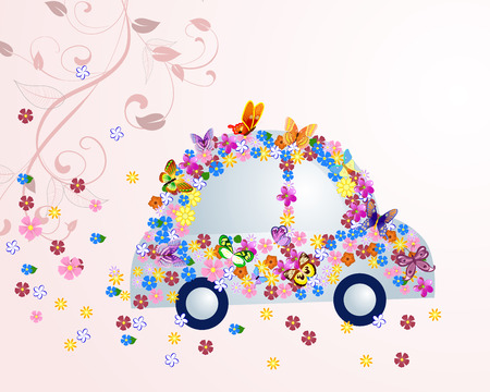Romantic floral car with butterfliesのイラスト素材