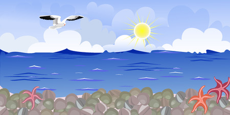 Panorama of the beach with seagullsのイラスト素材