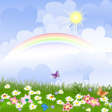 Floral landscape with rainbowのイラスト素材