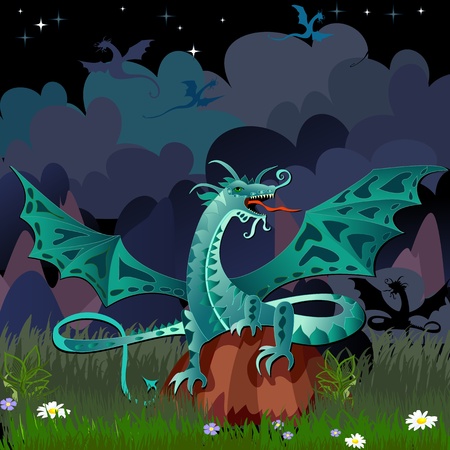 dragon in the night landscapeのイラスト素材