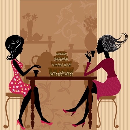 tea in the cafe with cakeのイラスト素材