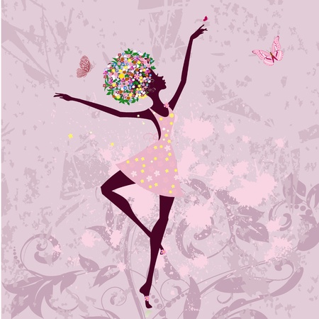ballerina girl with flowers on grunge backgroundのイラスト素材