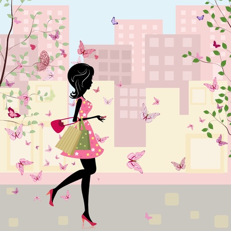 girl with shopping in the springのイラスト素材