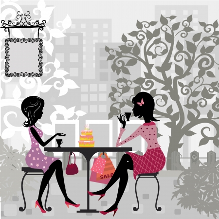 girl in a summer cafe and cakeのイラスト素材