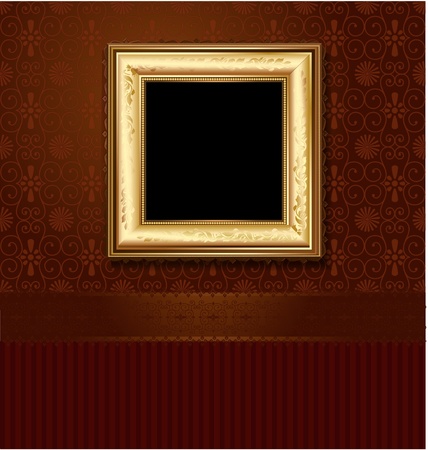 Golden picture frame on the wall of vintage wallpaperのイラスト素材