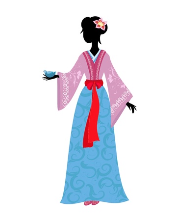 Chinese woman in traditional costume with a birdのイラスト素材