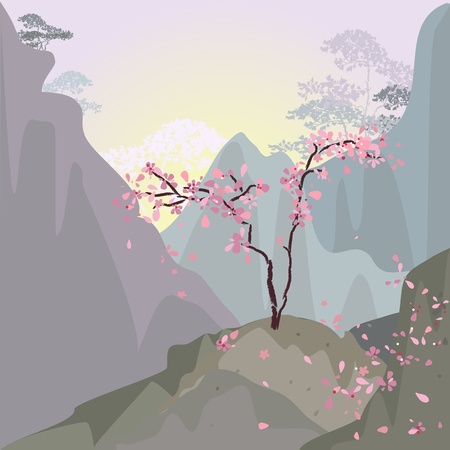 Mountain landscape in the morning with cherriesのイラスト素材