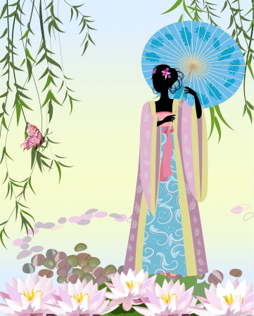 Chinese Girl with an umbrella the pondのイラスト素材