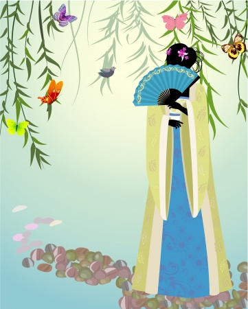 Chinese girl on pondのイラスト素材