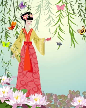 Chinese Girl with birdsのイラスト素材