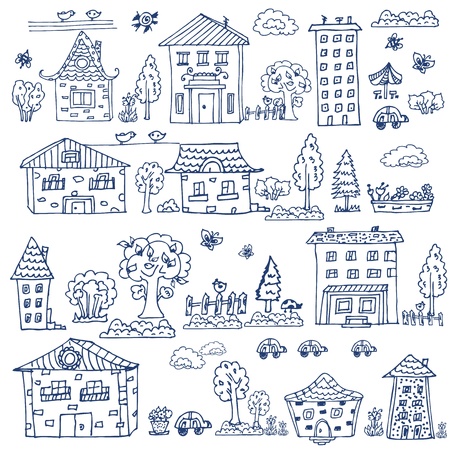 doodle set of house treeのイラスト素材