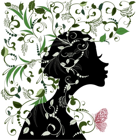 Floral hairstyle, girl and butterflyのイラスト素材