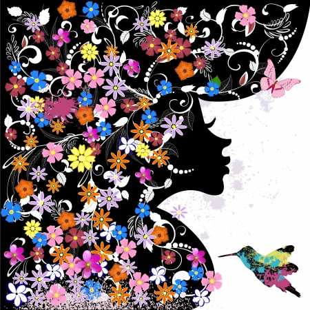 Floral hairstyle, girl and grunge birdのイラスト素材