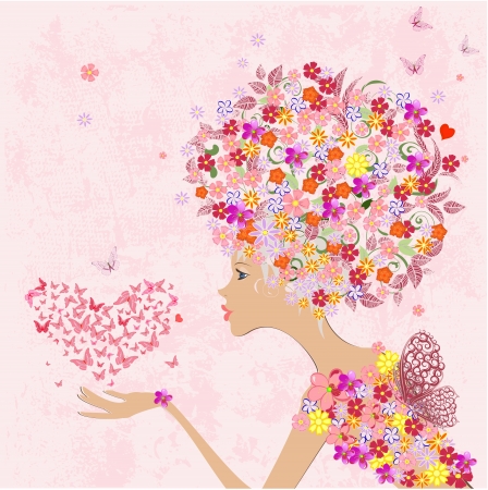 fashion flowers girl with a heart of butterfliesのイラスト素材