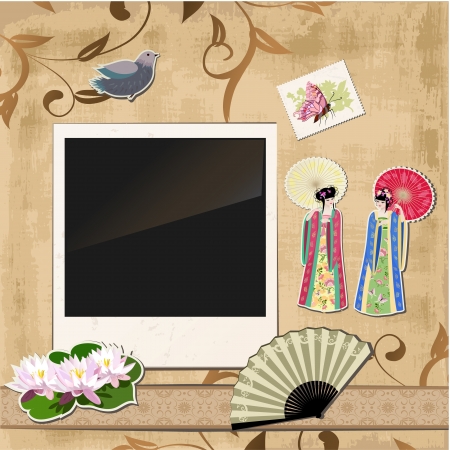 scrapbooking. Asian girl with vintage patterns for your designのイラスト素材