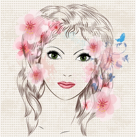 Face of a beautiful fashion girl in flowersのイラスト素材