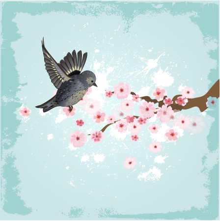 Cute bird on a background of cherry blossomsのイラスト素材