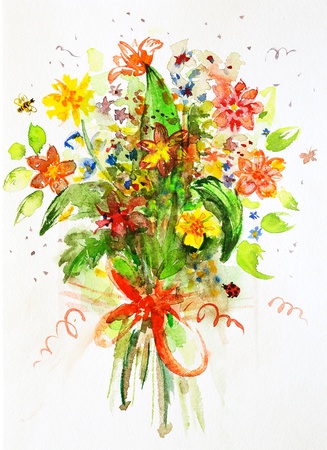 watercolor drawing of a flower with a butterflyの写真素材
