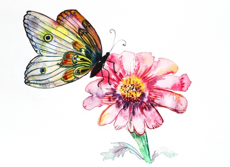 watercolor drawing of a flower with a butterflyの写真素材