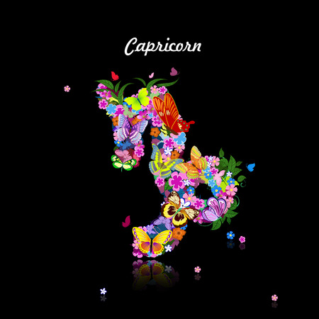 Pattern with butterflies, cute zodiac sign - capricorn のイラスト素材
