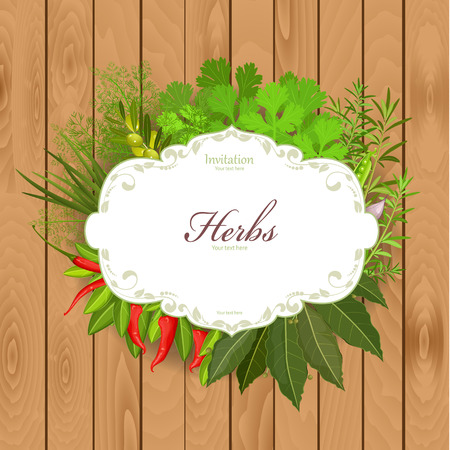Vintage card with herbs and spices on a wooden backgroundのイラスト素材