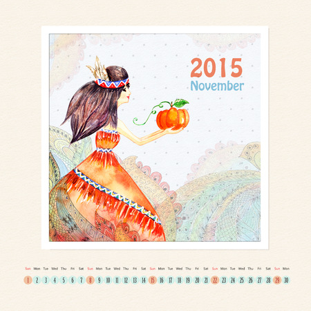 Calendar for november 2015 with girl, watercolor paintingの写真素材