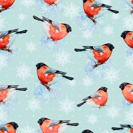 nature with bullfinch seamless texture watercolorの写真素材
