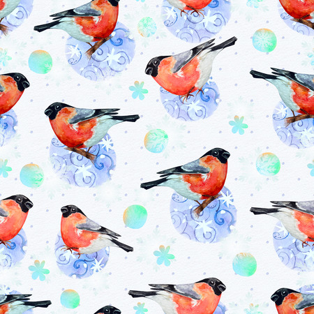 nature with bullfinch seamless texture watercolorの写真素材