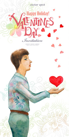 romantic watercolor greeting card with a young manのイラスト素材