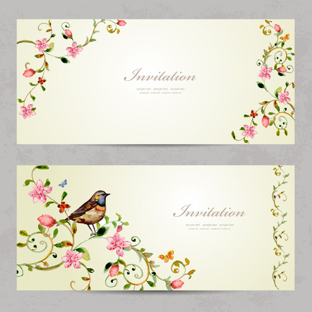 invitation cards with foliate ornament and flowers. watercolor paintingのイラスト素材