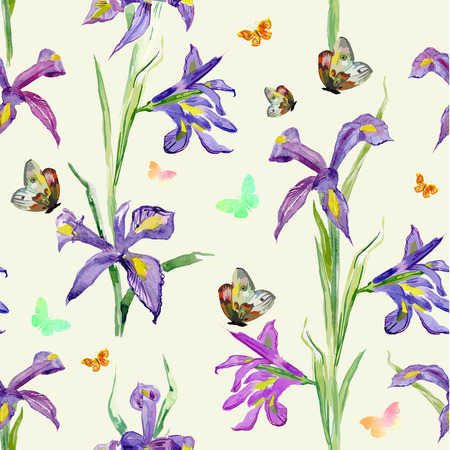 seamless texture. watercolor spring flowers. irisのイラスト素材