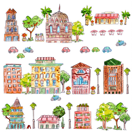 cute collection of vintage house with trees. watercolor painting. vector illustrationのイラスト素材