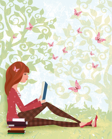 Cute girl is reading a book under tree with the stack of books. spring forest with butterfliesのイラスト素材