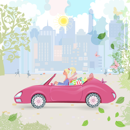 Car woman in pink convertible with shopping bags in the city. happy sunny dayのイラスト素材