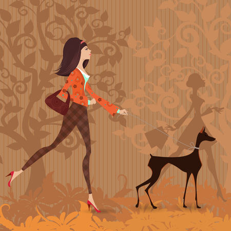 fashion young woman and her dog are walking in the park.のイラスト素材