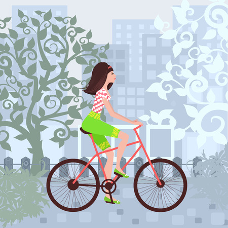Beautiful girl is riding on a bicycle in a city.のイラスト素材