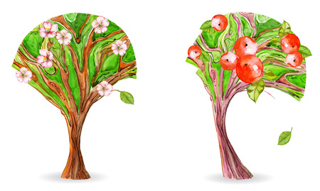 collection of art trees. flowering appleのイラスト素材