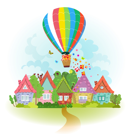 hot air balloon over the city with giftsのイラスト素材