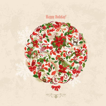 circle floral design with pine branches and flowers on a grunge backgroundのイラスト素材