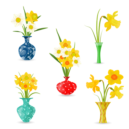 collection vases with yellow spring flowers. daffodilsのイラスト素材